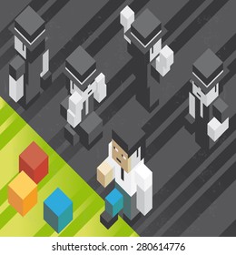 Concept of a businessman running from a gray world into a color world, in isometric old video game style. The grunge texture is removable from the background.