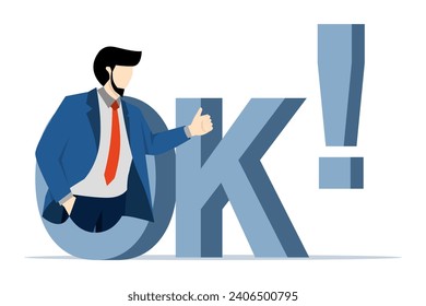 Concept of Businessman Showing Ok Symbol, Businessman Showing Positive Attitude, businessman giving thumbs up sign, character in letter O. Flat Vector Illustration on white background.