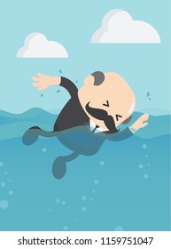 Concept businessman showing swimming gestures,falling into trouble,fight and effort

