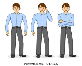 Concept of businessman standing in different poses.  A young office man in various work situation.