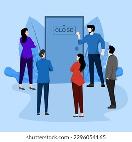 Concept of businessman standing in front of closed door with Closed sign. Problems, confusion, questions. Flat vector illustration on blue background.