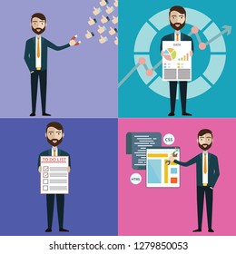 Concept of businessman with task, multitasking, marketing, office work and colleges