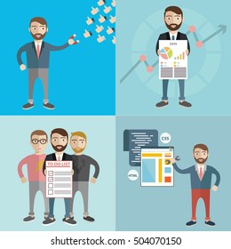 Concept of businessman with task, multitasking, marketing, office work and colleges.