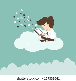 Concept of a businessman that works over a cloud