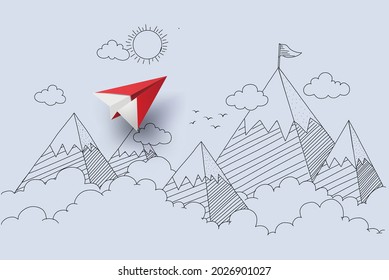 Concept Of Business,paper Plane Flying On Sky With Cloud And Mountian. Hand Drawing And Paper Cut Style.