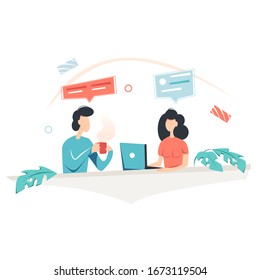 Concept businesswoman and man characters at workplace and meeting with speak clouds, employee relationship. Vector illustration.