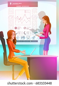 Concept of businesswoman working in office. Vector illustration