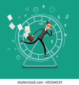 Concept of busy business people. Business woman running in a hamster wheel. Flat design, vector illustration.