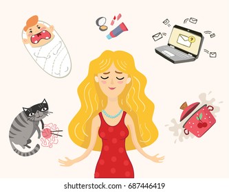 The concept is a busy mother with baby. Mother gangs with household chores. A screaming child in the sheet, boiling water in a pan, a restless cat, a crowded email, cosmetics.