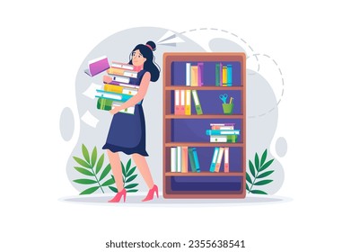 Concept Busy Lehrer mit Szene in der flachen Cartoon-Design. Der Lehrer versucht, mit einer großen Menge an Arbeit und Schuldokumentation fertig zu werden. Vektorgrafik.