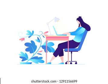Concept busy woman using laptop, doing homework, studying, young female works online. Freelancer, writing article, essay, scientific work, flat vector illustration on white background.
