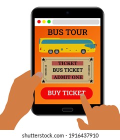 The concept of buy ticket on bus tour online. Hands hold a PC  with an open window for order a bus ticket. Creative flat design. Stock vector illustration on white isolated background.