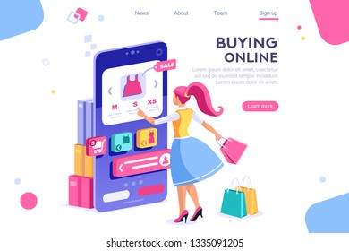 Concept, buyer graphic, consumerism design. Buyer, e-commerce interface, items. Layout used for consumerism online. Interacting people. 3d isometric vector illustration.