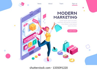 Concept, buyer graphic, consumerism design. Buyer, e-commerce interface, items. Layout used for consumerism online. Interacting people. 3d isometric vector illustration.