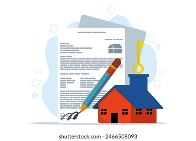 Concept of buying a house or property, beautiful house with purchase application form, purchase form. concept of house agreement in real estate agency. flat vector illustration on background.