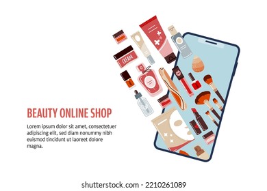 Concept Of Buying Makeup Cosmetic And Skincare Online With Mobile Application.Vector Illustration Of Cream,serum,brushes And Lipstick For Women.Decorative Beauty Products On White Background