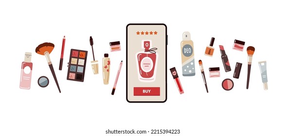 Concepto de compra en línea de maquillaje cosmético y cuidado de la piel con teléfono móvil.Ilustración vectorial de productos de belleza como perfume, pinceles, sombra de ojos, liner y lápiz aislados en fondo blanco.