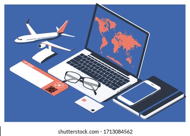 The concept of buying the online ticket booking for travel. Ticket is on the table with a phone,airplan and laptop.Vector isometric illustration