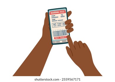 The concept of buying a plane ticket online. Human hand holding phone with airplane ticket on the screen. Travel, vacation, business trip concept. Vector flat clipart. 