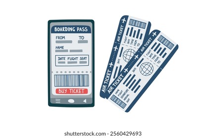 The concept of buying plane tickets online. Phone with airplane ticket on the screen. Travel, vacation, business trip concept. Vector flat clipart.