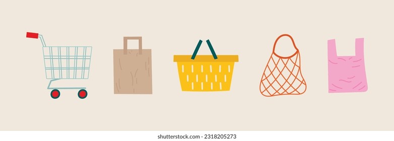 The concept of buying products. Basket, paper and plastic bag, mesh bag. Hand-drawn food packaging kit. Illustrations for a store, farm, market, department store.