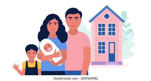 Concept of buying a property, rent, home loan. Family with house.  Vector illustration in a flat style