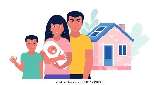 Concept of buying a property, rent, home loan. Family with house.  Vector illustration in a flat style