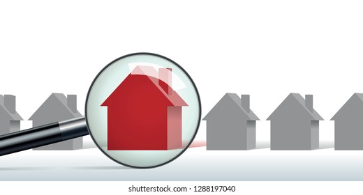 Concept of buying real estate symbolized by a magnifying glass looking for a house among aligned houses