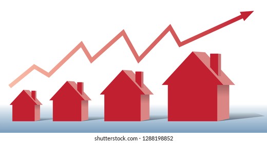 Concept of buying real estate symbolized by houses of different sizes with an arrow showing rising prices and bank credits