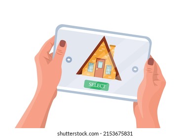 The concept of buying and renting housing, houses online. Choose apartments online via the Internet on a tablet or phone. Stock vector flat illustration. Hands are holding a tablet.