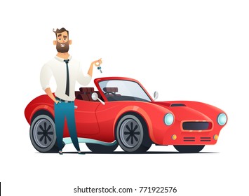 Concept Buying Or Renting A New Or Used Red And Speedy Sports Car. Modern Cartoon Style Vector Illustration Isolated On White Background.