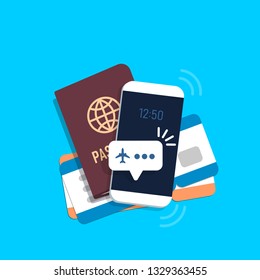 Concept for buying tickets online. Notification of flight on smartphone screen. Airline tickets and passport. Vector illustration in flat style.