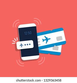 Concept for buying tickets online. Notification of flight on smartphone screen. Airline tickets. Vector illustration in flat style.