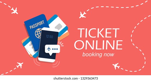 Concept for buying tickets online. Notification of flight on smartphone screen. Airline tickets and passport. Vector illustration in flat style.