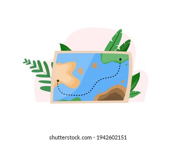 concept of buying a voucher on the website of a travel agency, tickets for vacations, tour search. Tourist card on the background of tropical plants. Cute cartoon style. Vector illustration