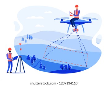 Concept cadastral engineers, surveyors and cartographers make geodetic measurements using a drone, copter. Vector flat illustration.