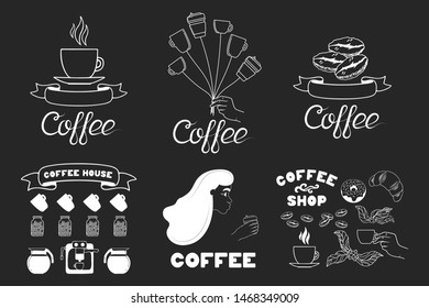 Concept cafe labels for coffee house, shop, menu with girl blowing on hot cup of drink, mugs like balloons, beans, donuts and leaves. Poster template for cafeteria.