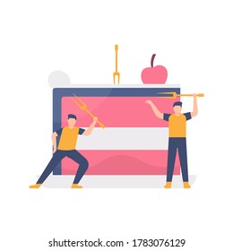 the concept of cake and bread business. illustration of people partying in front of a cake and holding a cake fork. flat design. can be used for elements, landing pages, UI, web sites.