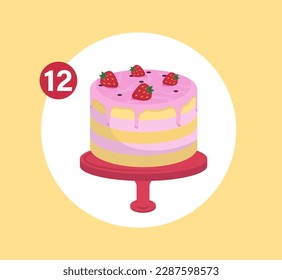 Concept Cake preparation step 12. The illustration shows the twelfth step of cake preparation. The cake is on a yellow background, and there is a flat, and cartoon-style design. Vector illustration.