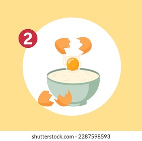 Concept Cake preparation step 2. This flat vector design showcases the second step in cake preparation, which is adding eggs to the sifted flour. Vector illustration.