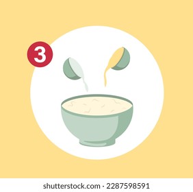 Concepto Preparación de pasteles paso 3. Esta ilustración muestra el tercer paso en la preparación de pasteles en un estilo de dibujos animados de vector plano sobre un fondo amarillo. Ilustración vectorial.