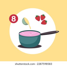 Concepto Preparación de pasteles paso 8. La ilustración muestra el octavo paso de la preparación de la tarta representada en un estilo vectorial plano. Ilustración vectorial.