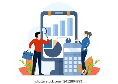 concept of calculating budget, profit and loss, financial accounting and auditing, businessman accountant with calculator, generating report graphs from data, spreadsheet creation report, professional