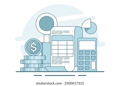 concept of calculating business profits, analyzing business data, calculating budgets, profits and losses, generating report graphs from data, calculator with spreadsheet creation reports. vector.