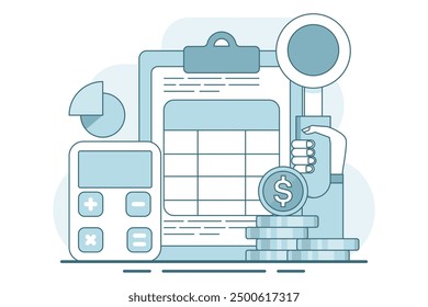 concept of calculating business profits, analyzing business data, calculating budgets, profits and losses, generating report graphs from data, calculator with spreadsheet creation reports. vector.