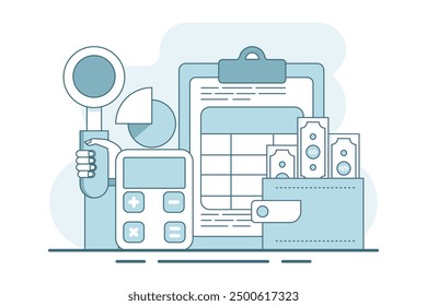 concept of calculating business profits, analyzing business data, calculating budgets, profits and losses, generating report graphs from data, calculator with spreadsheet creation reports. vector.