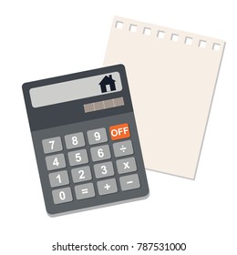 Concept of the calculation of the value of the house. Calculator and a sheet of paper on a white background. Vector flat illustration.