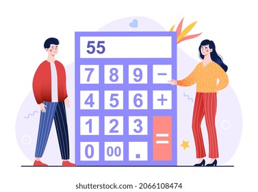 Concept of calculator app. Man and girl consider finances of family. Development of new programs, smartphone. Students trying to solve equation, counting with gadgets. Cartoon flat vector illustration