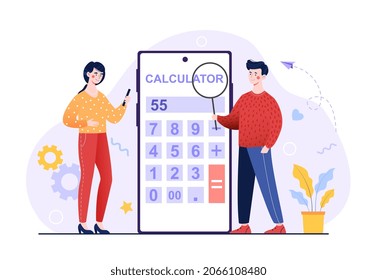 Concept of calculator app. Man and girl consider finances of family. Development of new programs, smartphone. Mathematical application, economy, financial, banking. Cartoon flat vector illustration