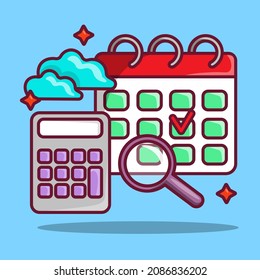 Concept with calculator and calendar. Web icon for business. Internet platforms for business startup. Flat cartoon vector illustration.